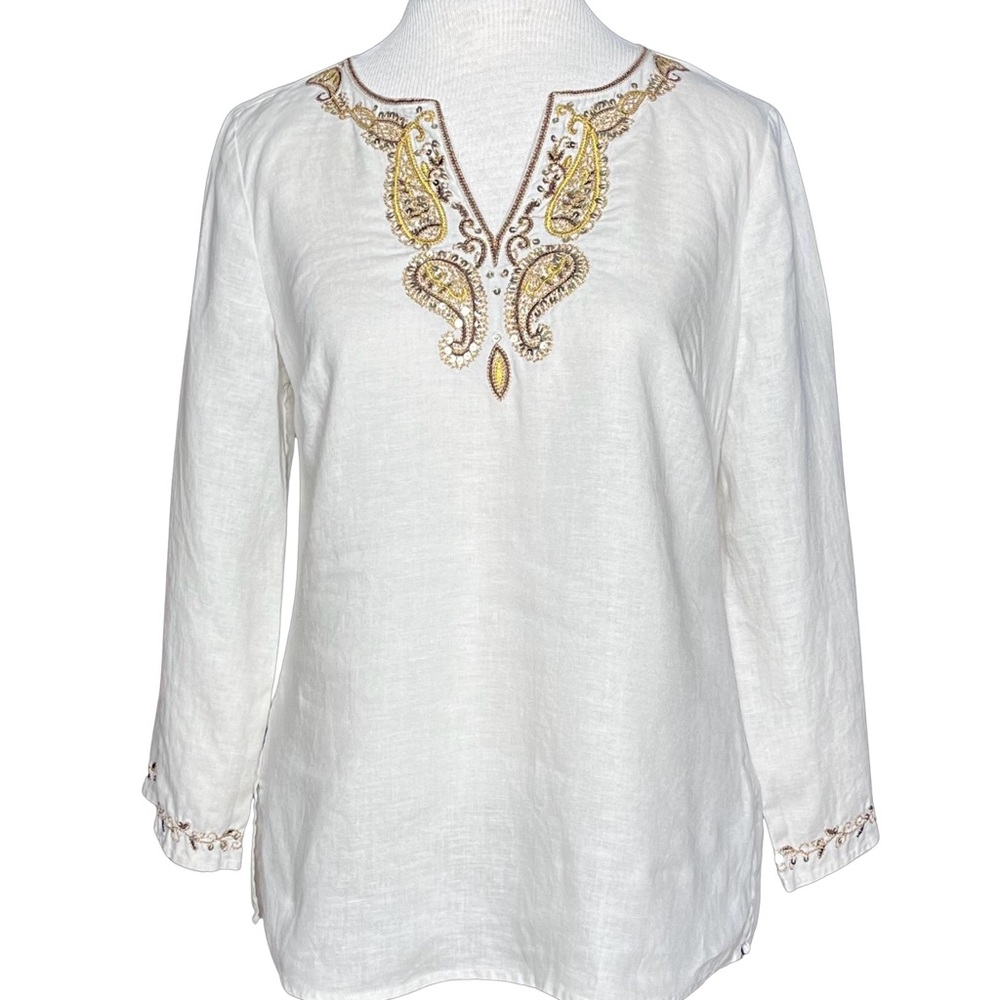 Will Smith Embroidered with Sequins Linen Tunic Top  Size 4 Excellent Pre Loved
